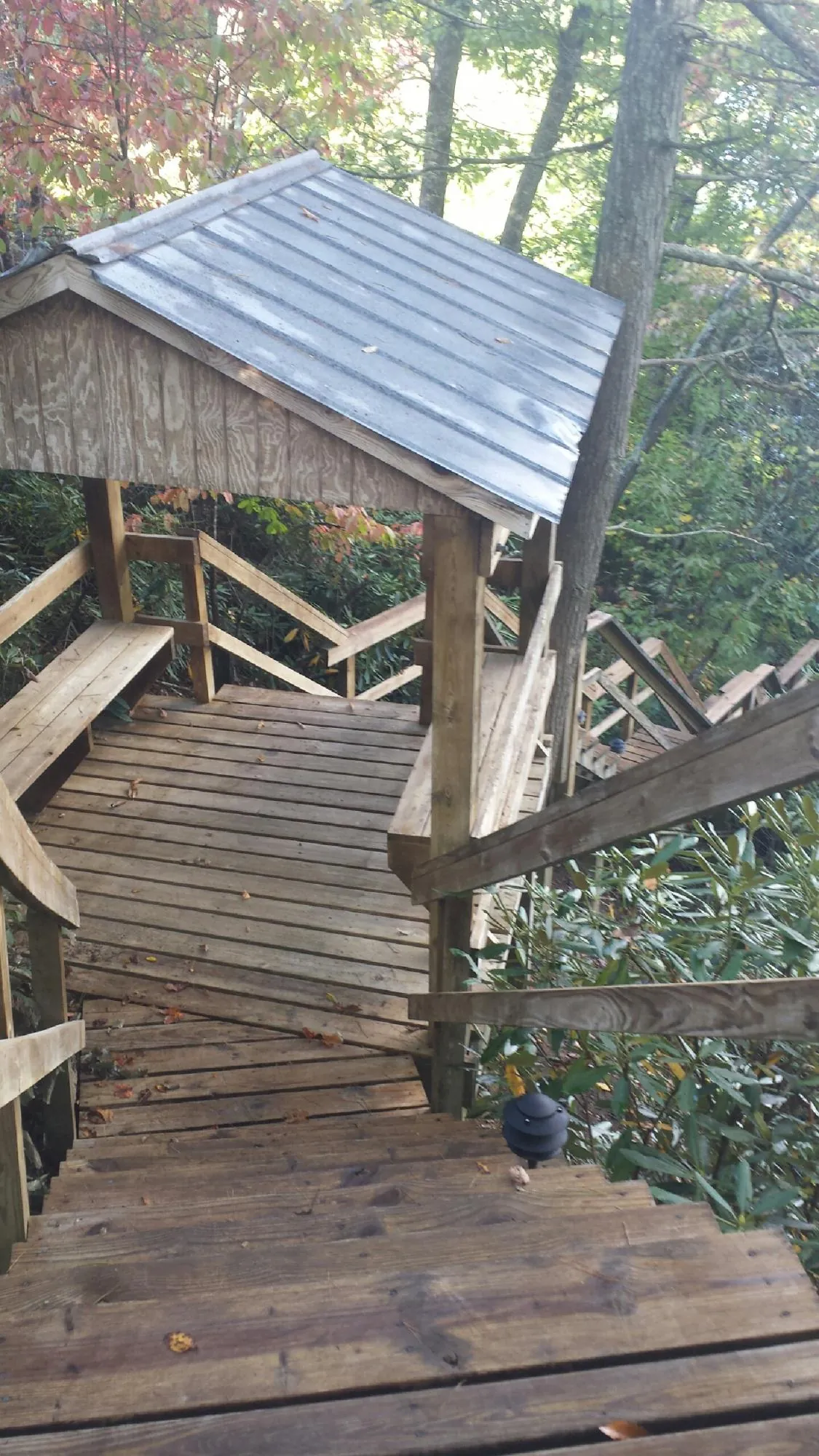 Metal roofed shelter over wooden steps on a wooded walkway — Skylight Repair & Installation work by our crew in Eight Mile